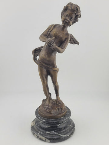 Antique 19th C Bronze Cupid Statue Clément Moreau Sculpture on Marble Base 9"