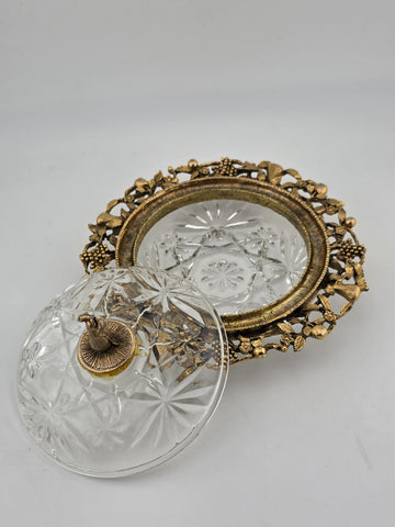 Antique Victorian Ormolu Cut Crystal Covered Vanity Dish W Floral Lid, C 1890.