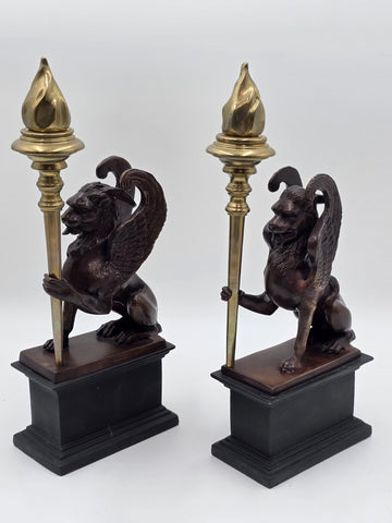 Rare Pair of Antique Late 19th C Heavy Bronze Griffin bookends/ Candleholders.