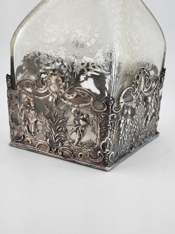 Rare 19th C German Hanau 800 Silver & Etched Crystal Stork & Sinsheimer Decanter