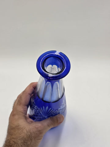 Bohemian Cobalt Cut to Clear Crystal Vase 10” Starburst Fan Pattern Vintage