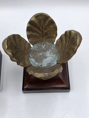 Rare Pair Of Antique Massive 6" Crystal Ball On Brass Leaves Bookends / Decor.