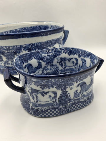 Pair XL Blue White Transferware Cachepot Jardiniere Planters Farm Animal Decor