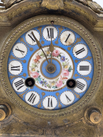 Private: 19th Century Brass & Porcelain Mantel Clock w Eight Day Movement. Works
