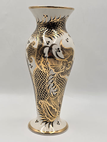 Vintage LOFISA POTTERY VASE 13 1/4" tall Cream w Black & Gold Dragon Theme.