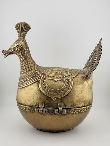 Antique Brass Decorative Indo-Islamic Dhokra Betel Nut Peacock Box With Lid.