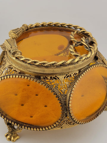 Antique Ormolu Filigree Trinket Casket Vitrine Box, 5-Sided Beveled Amber Glass