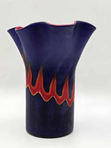Vtg Azerbaijan Hand-Blown Art Glass Vase 13” Cobalt Red Flame Design Ruffled Top
