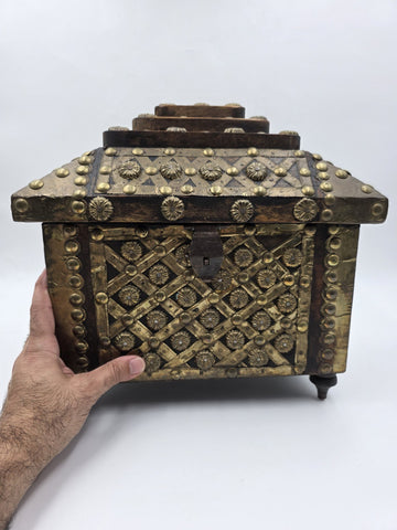 Rare Antique Moroccan Moorish Brass Studded Jewelry Chest Box Islamic Decor
