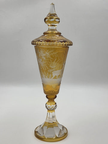 Rare Antique C1920's Bohemian Amber Cut to Clear Lidded Goblet Stag Forest Scene