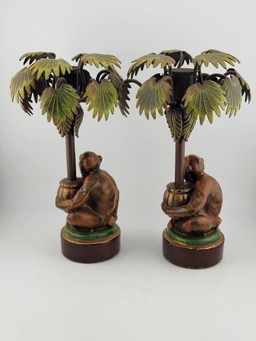 VTG Pr. PETITES CHOSES Monkey Palm Tree Hand Painted Metal TOLEWARE Candlesticks