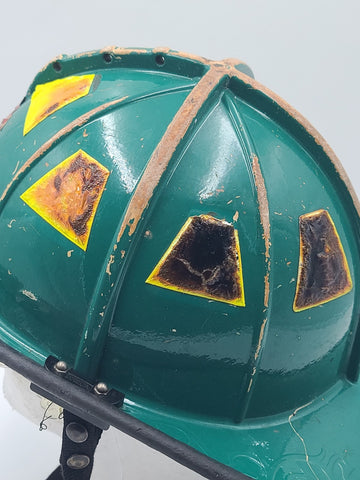 MSA Cairns 1010 2020 Green Firefighter Helmet Front Visor. Seen Fire Action.