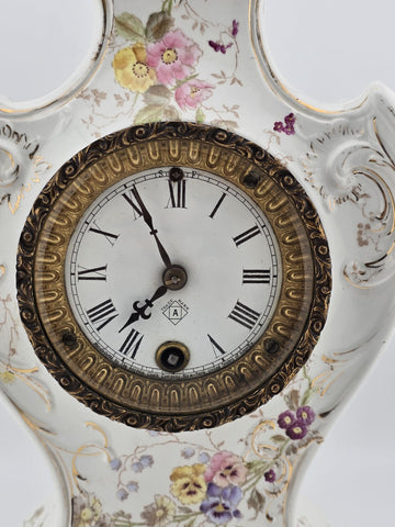Antique 19th C Ansonia Royal Bonn China Porcelain Floral Shelf Clock Great Cond.
