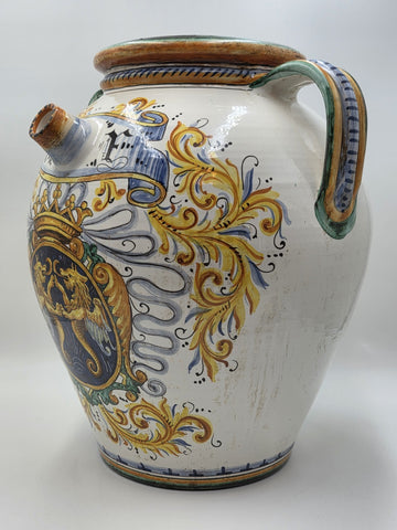 Rare Antique XL 19th C Italian Majolica Olive Oil Jar Heraldic Lions Handpainted