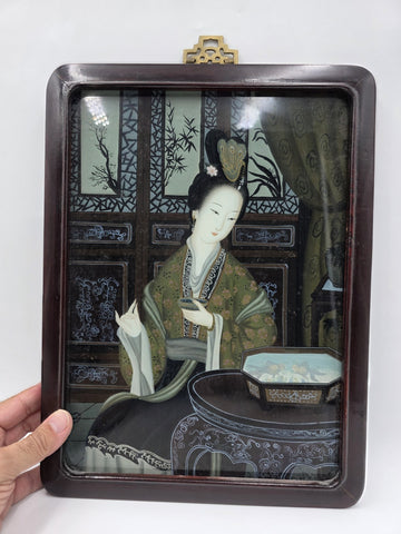 Antique Chinese Reverse Painted Glass Court Lady Portrait Hardwood Frame 14"