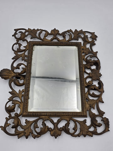 Antique Victorian Cast Iron Vanity Mirror Ornate Scrollwork Easel Frame C 1890.