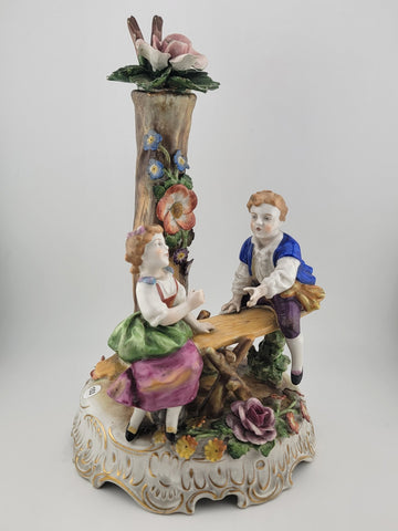 ANTIQUE 19th C DRESDEN VON SCHIERHOLZ BOY & GIRL ON SEESAW FIGURINE. 10.5 in.