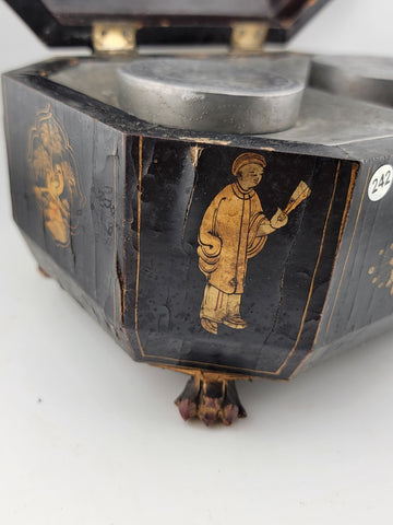 Rare 1800's Antique Chinese Gilt Lacquered Tea Caddy w/ Pewter Containers.