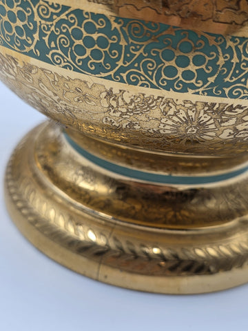 Pair Vintage Le Mieux 24 Karat Gold Handled Vases Victorian Scene Ladies Cherubs