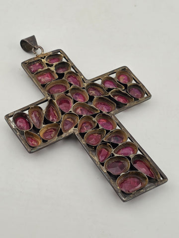Antique Very Large Sterling Silver Garnet Cross Pendant W Purple Agate Stone.