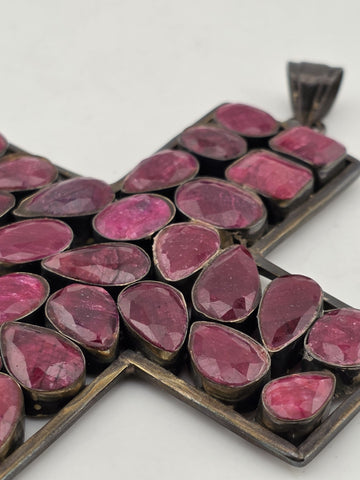 Antique Very Large Sterling Silver Garnet Cross Pendant W Purple Agate Stone.