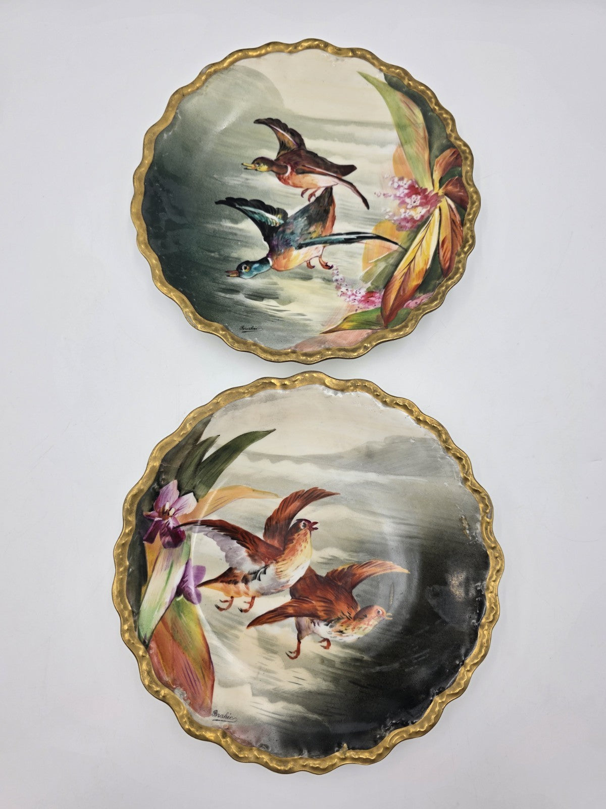 SET OF 2 ANTIQUE LIMOGES FRANCE LRL HAND PAINTED BIRDS CABINET PLATE SIGNED