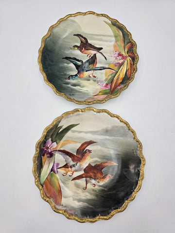 SET OF 2 ANTIQUE LIMOGES FRANCE LRL HAND PAINTED BIRDS CABINET PLATE SIGNED