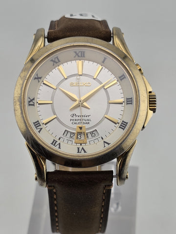 Vintage Seiko Premier SNQ118 Perpetual Calendar Brown Leather Band Mens Watch