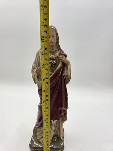 Antique 1930's Sacred Heart Jesus Chalkware Statue 13” Painted Religious Figure
