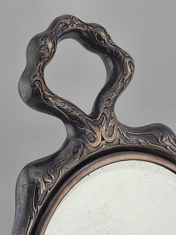 Rare Antique 1904 Art Nouveau Sterling Silver Heavy Hand Mirror German Repousse.
