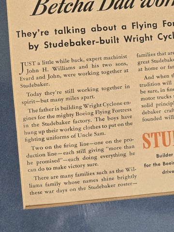 Original 1943 WW2 Studebaker Employee Ad Williams Family, South Bend Indiana