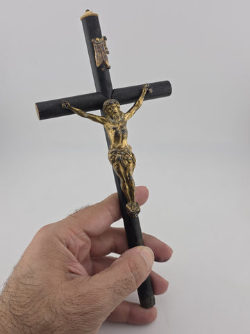 Rare Antique 19th C Crucifix Metal Jesus On Wood Cross W Rare Tips Memento.