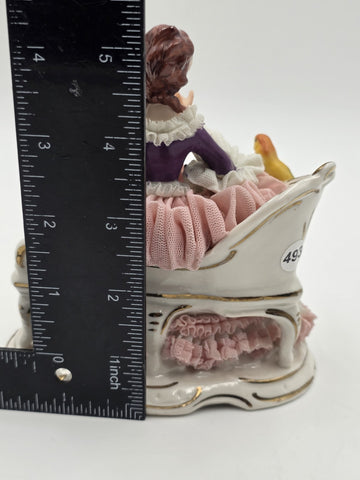 Vintage Dresden Art Germany Lace Porcelain Lady Musician Figurine Bird Bench