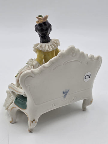 Vintage Dresden Lace Porcelain Lady Figurine Seated On Settee Sofa Germany 1078