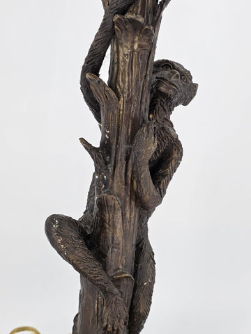 Antique Bronze Table Lamp with Palm Tree & Monkey, Beige Silk & Pleated Shade,