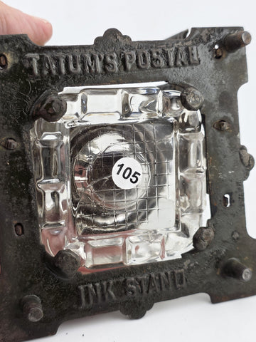 Antique TATUM'S Postal Ink Stand Cast Iron Glass Inkwell Quill & Envelope Holder