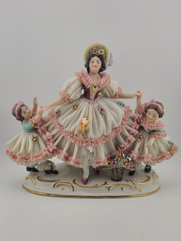 Rare Antique Dresden Porcelain Germany Lace Mother with Daughters and Flowers
