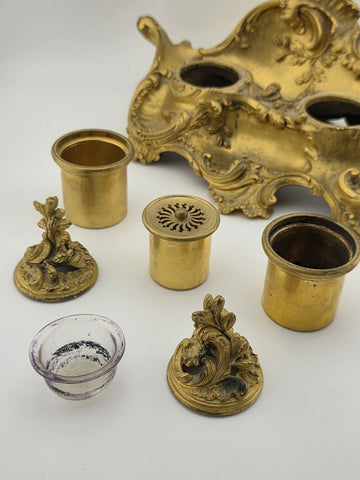 Antique 19th C French Louis XV Rococo Ornate Gilt Bronze Ormolu Inkwell Inkstand