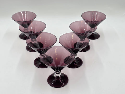 ANTIQUE SET OF 7 MID CENTURY BRYCE WILMINGTON AMETHYST 5 1/2" CHAMPAGNE GLASSES.