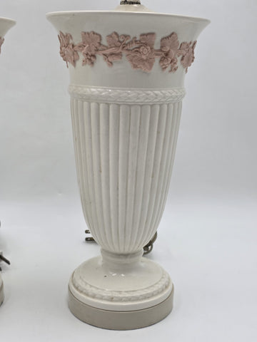 Pair Wedgwood Queensware Jasperware Cream Pink Grapevine Relief Table Lamps 24"