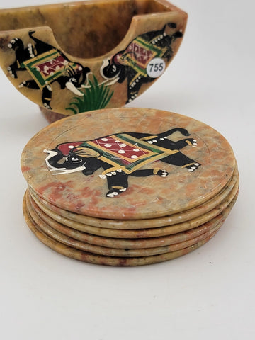 Rare Set Handcrafted Marble Soapstone 6 Coaster Elephant Painted Art India