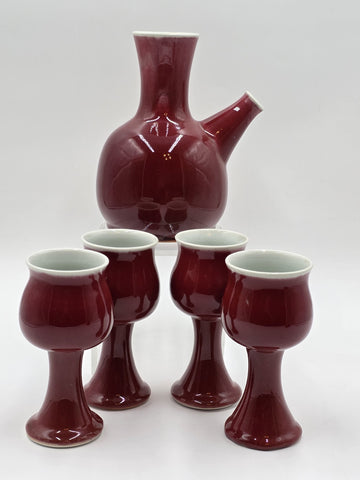 Vintage 1982 Studio Art Porcelain JS Cummings Red Pitcher & 4 Glasses Signed.