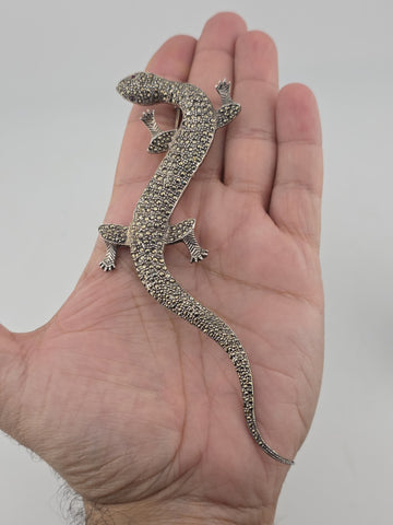 LARGE STERLING SILVER MARCASITE LIFE SIZE LIZARD PIN BROOCH SALAMANDER. 6 Inch.