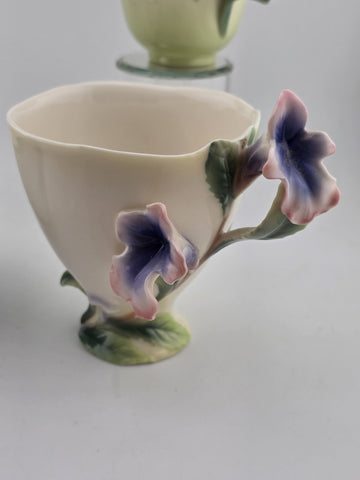 Set Of 4 FRANZ Porcelain Teacup Sculptural Floral Art Cups Hummingbird Ladybug