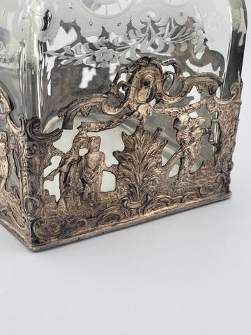 Rare 19th C German Hanau 800 Silver & Etched Crystal Stork & Sinsheimer Decanter