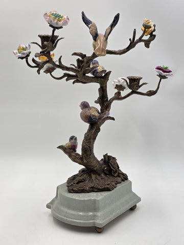 Vintage Celadon Cast Bronze Porcelain Birds Flowers Tree  Candle Holder Figurine