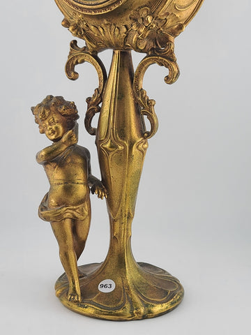 Antique 19th C Art Nouveau Figural Cherub Clock Gilt Spelter French Runs. Read.