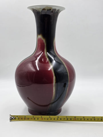 Vtg Chinese Flambe Sang de Boeuf Porcelain Vase Qianlong Mark 14" Oxblood Glaze