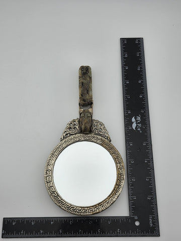 Rare Antique Chinese Ornate Jade and Silver  Carved Dragon Hand Mirror
