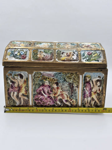 Rare Antique 19th C Large Capodimonte Gilded Porcelain Jewlery Box hand painted.